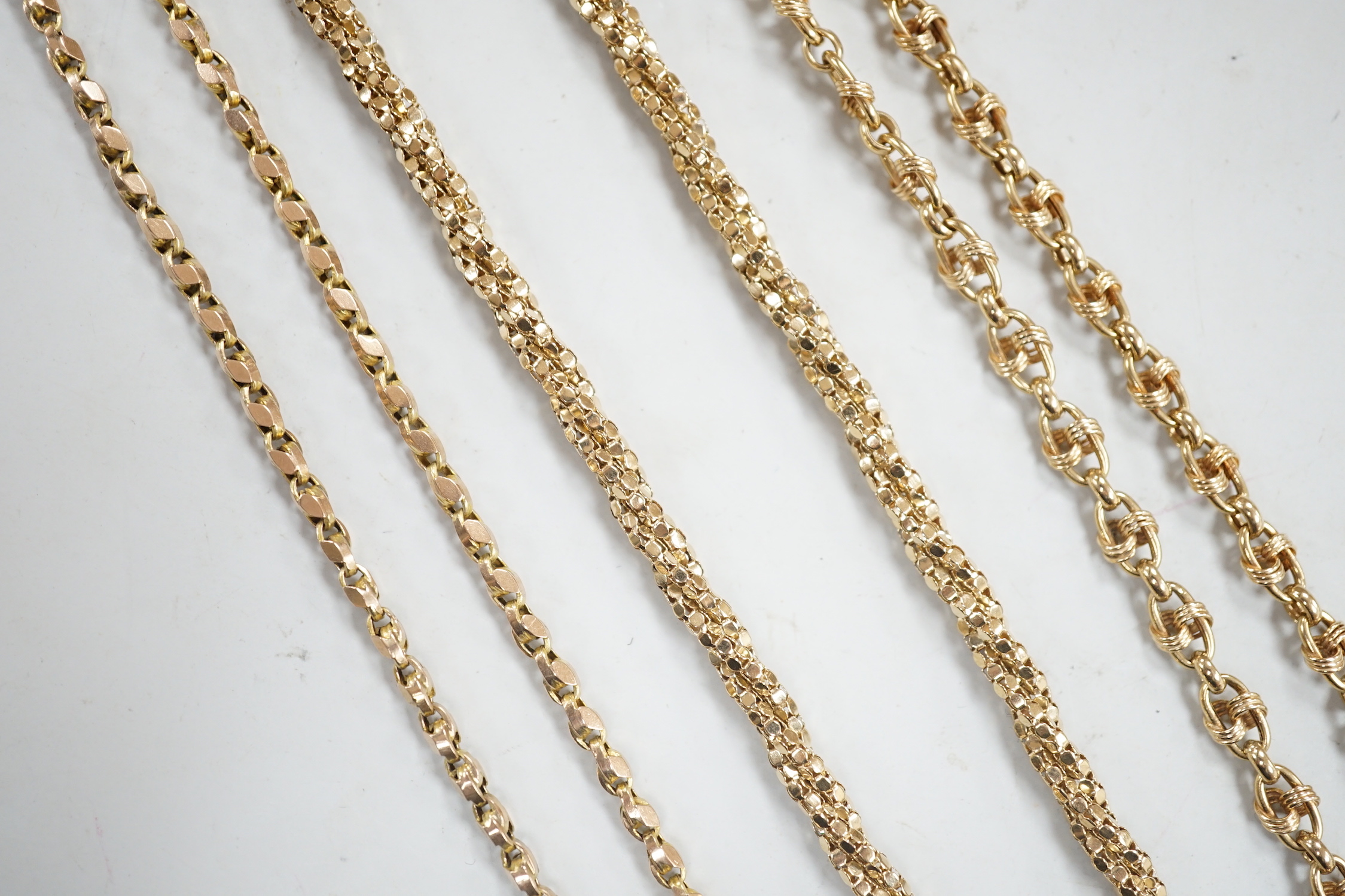 Two 9ct gold chains including triple strand twist, together with a 9c chain, gross weight 34.6 grams.